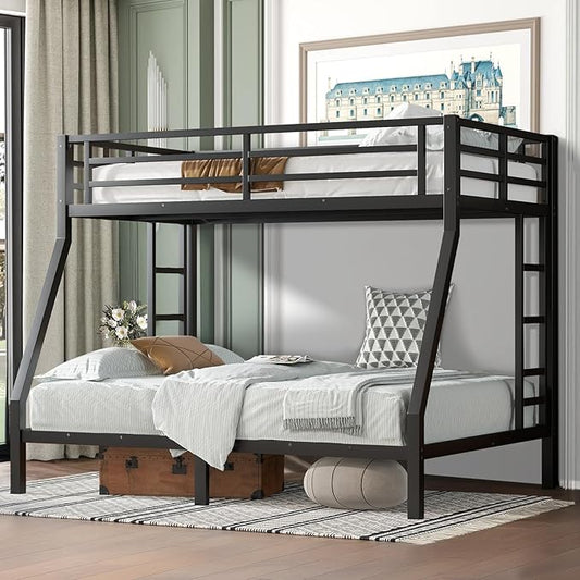 Twin Over Full Bunk Bed Frame, Heavy Duty Metal Loft Bed for Adults/Teens, 250/350LB Capacity w/Ladder & Guardrail, Noise-Free Steel Slats, No Box Spring Required, Black