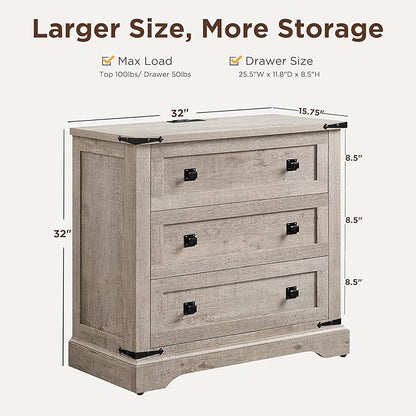 T4TREAM 32" Farmhouse Nightstand with Charging Station Set of 2, Large End Table with 3 Storage Drawers, Rustic Wood Bedside Table for Bedroom, Living Room, Light Rustic Oak
