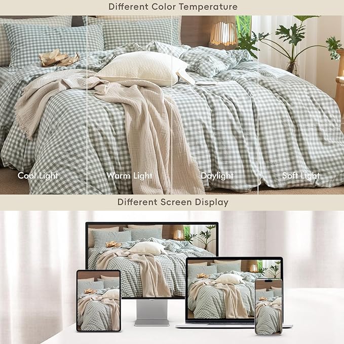 MooMee Gingham Duvet Cover Set 100% Washed Cotton Linen Like Textured Breathable Durable Soft Comfy Modern Checkered Design (Sage Green Gingham, Super King 108"x98")