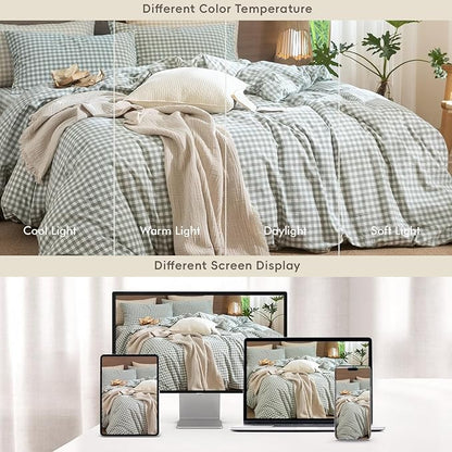 MooMee Gingham Duvet Cover Set 100% Washed Cotton Linen Like Textured Breathable Durable Soft Comfy Modern Checkered Design (Sage Green Gingham, Full 80"x90")