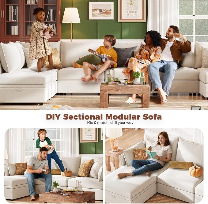 ABCASA 102.6" Luxury Modular Sleeper Sofa Bed 6 Seat Reversible Sectional Couch Deep Seat with Storage Chaises Removable Cover for Living Room, Apartment - Chenille Terracotta White