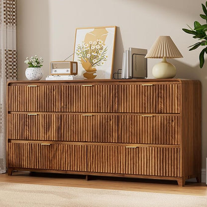 3 Pcs Bedroom Furniture Set, 8 Drawer Fluted Dresser and Nightstand Set of 2 with Charging Station, Modern Bed Side Table Chest of Drawers Storage Cabinet Set for Bedroom, Living Room, Walnut
