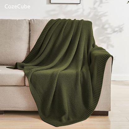 CozeCube Olive Green Throw Blanket for Couch, Soft Cozy Cable Knit Throw for Bed Sofa Living Room, Lightweight Warm Decorative Farmhouse Christmas Blanket, 50"x60", Olive Green