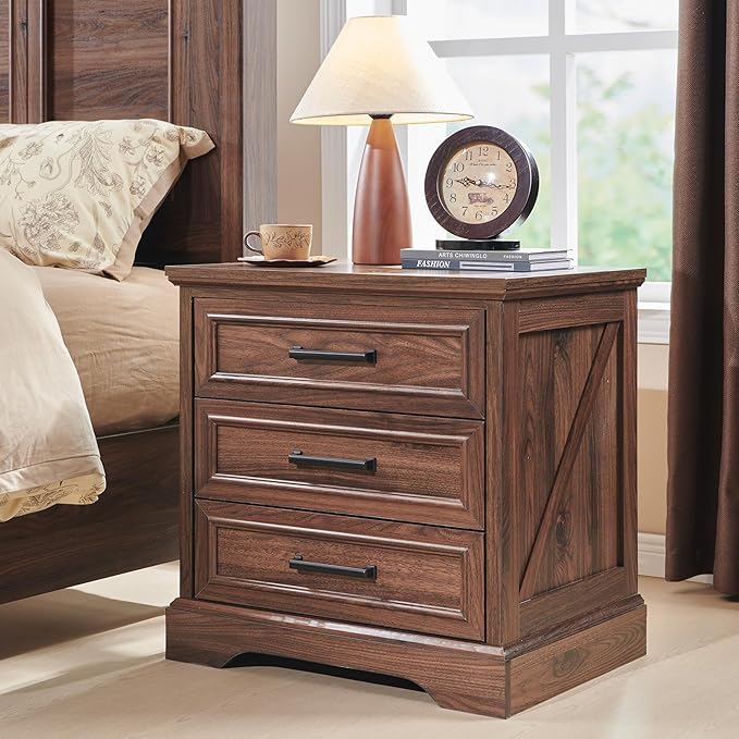 ACCOHOHO Farmhouse Nightstand with Charging Station, 22 Inch Wide End Table with 3 Large Drawers & Bar Handles, Rustic Wood Small Dresser Chest of Drawers for Bedroom, Living Room, Closet, Brown