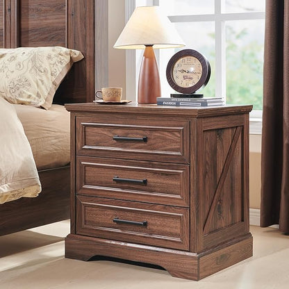 ACCOHOHO Farmhouse Nightstands Set of 2, 22 Inch Wide End Table with Charging Station & 3 Large Drawers, Rustic Wood Small Dresser Chest of Drawers for Bedroom, Living Room, Brown