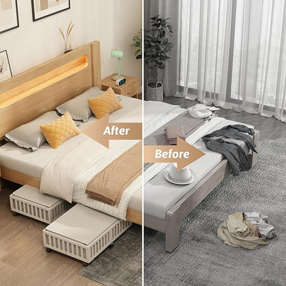 Bamboo Under Bed Storage Containers with Wheels, 2 Pack Large Under the Bed Shoe Storage Bins, Wood Rolling Underbed Drawers Organizer for Bedroom Closet Clothes Blanket Under Crib Toy White