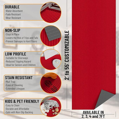 Ottomanson 6'6" x 53' Hallway Runner with Scraper Pile Extra Durable Non-Slip Rug Mat for Indoor & Outdoor Use - Ideal for Kitchen, Entryway, Patio & Garage - High-Traffic Carpet, Red