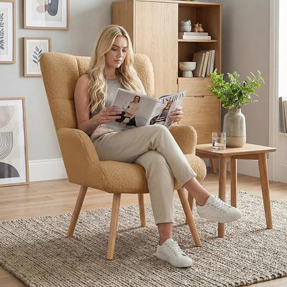 Joysoul Modern Accent Chair, High Back Arm Chair with Wood Legs Sofa Seat Teddy Fleece Fabric Reading Chair for Living Room Bedroom Waiting Room (Brown)