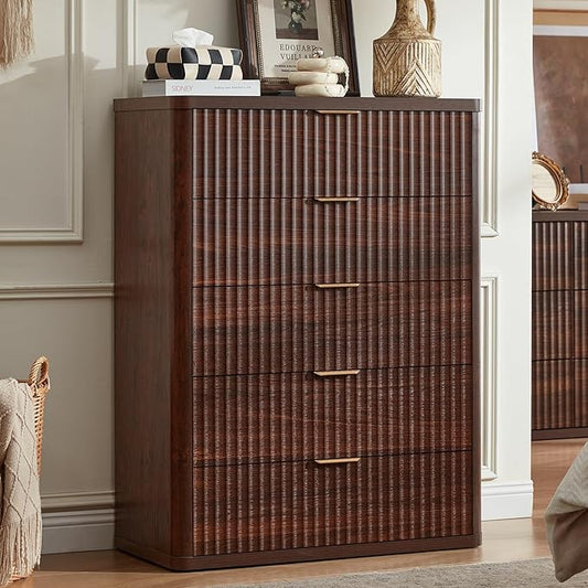 LEYAOYAO Fluted 5 Drawers Dresser Set of 2, 41" Tall Modern Chest of Drawers with Metal Handle, Curved Profile Dresser TV Stand, Wooden Drawer Organizer for Bedroom, Living Room, Hallway, Walnut