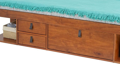 memomad Bali Slim Set: Storage Platform Bed with Drawers + Flat Panel Headboard (King Size, Caramel Brown Wood)