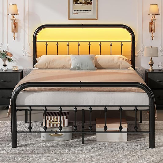 WLIVE Metal Platform Bed Frame, Full Size Bed Frame with Headboard, Bed Frames with LED Lights and Charging Station, 1500LBS Mattress Foundation, Under Bed Storage, No Box Spring Needed, Black