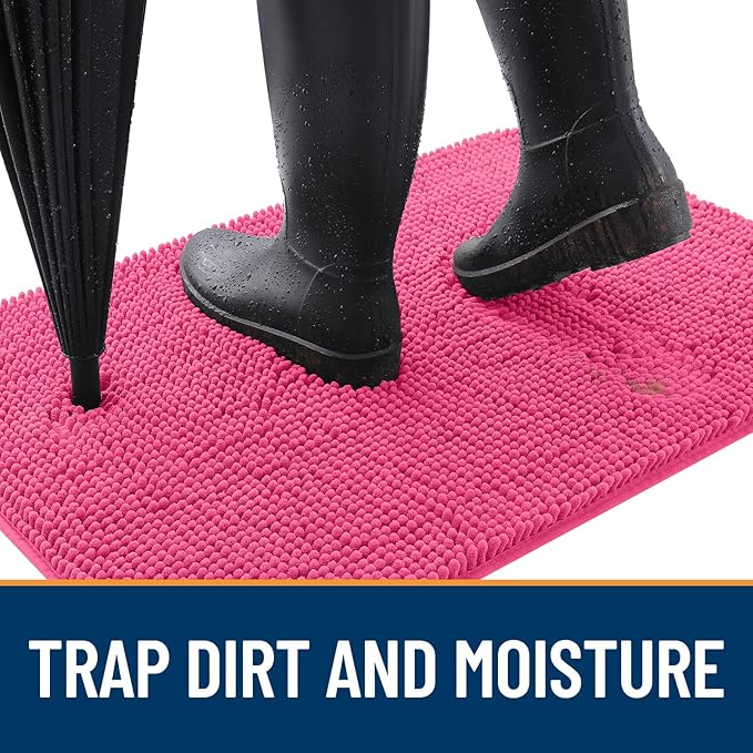 OLANLY Dog Door Mat for Muddy Paws 70x46, Absorbs Moisture and Dirt, Absorbent Non-Slip Washable Doormat, Quick Dry Chenille Mud Mat for Dogs, Entry Indoor Entryway Carpet for Inside Floor, Hot Pink