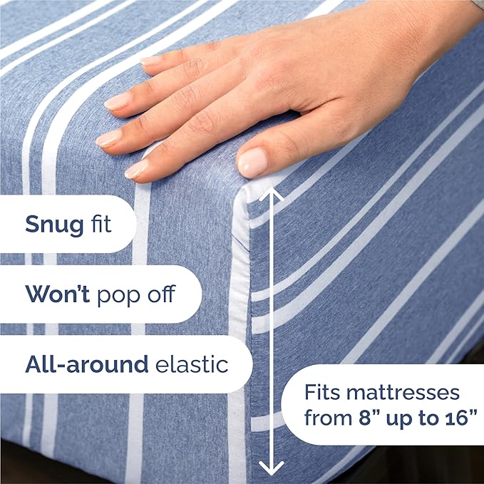 King 6 Piece Sheet Set - Cooling, Comfy & Breathable - Hotel Luxury Bedding, Includes Fitted Sheet for Women, Men, Kids & Teens - 1 Flat, 1 Fitted Sheet, 4 Pillowcases w/Deep Pockets - Blue Stripes
