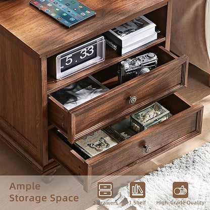 24" Wide Farmhouse Nightstand Set of 2 with Charging Station,End Table with 2 Drawers,Brown Wood Dresser for Bedroom Cabinet, Bed Side Table Chest of Drawers, Night Stand for Living Room