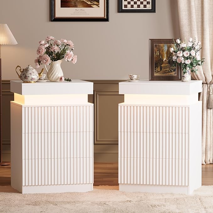 Nightstand Set of 2 for Bedroom, LED Nightstand with 3 Drawers and Charging Station, Mid Century Modern Fluted Nightstands, Bedside Tables & End Tables, White