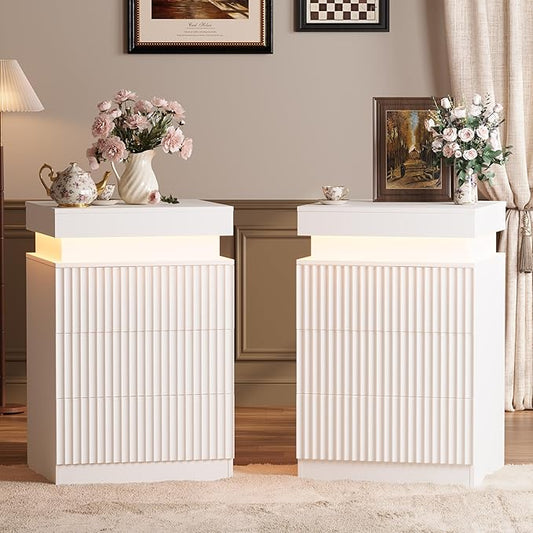 Nightstand Set of 2 for Bedroom, LED Nightstand with 3 Drawers and Charging Station, Mid Century Modern Fluted Nightstands, Bedside Tables & End Tables, White