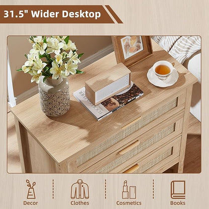 LEYAOYAO 31.5" Wide Rattan Nightstand, Large Boho 3 Drawer Night Stand, Natural Wood Bedside Table with Storage, Tall Bed Side End Tables, Chest of Drawers Dressers for Bedroom, Living Room, Hallway