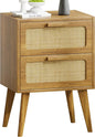 YAUKOMEL Rattan Nightstand,End Table, Side Table with 2 Hand Made Rattan Decorated Drawers,Boho Bedside Table,Wood Accent Table with Storage for Livingroom, Bedroom, Toffee Wood CTG59T