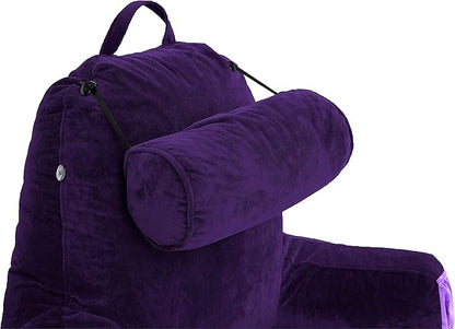 Husband Pillow Medium Purple, Backrest for Kids, Teens, Petite Adults - Reading Pillows with Arms, Adjustable Loft, Plush Memory Foam, Bed Rest Chair for Sitting Up, Detach Neck Roll, Removable Cover