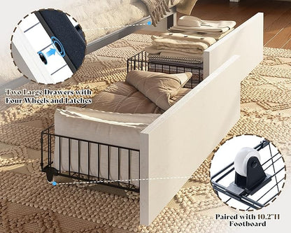 AMERLIFE King 47.2" H Bed Frame with Hidden Space Bookcase Headboard and Charging Station, Beds with 2 Storage Drawers and Wood Slats, No Box Spring Needed, White & Barnwood