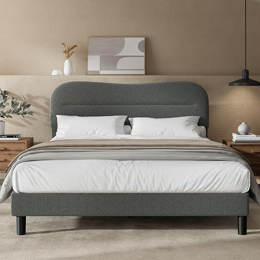 Queen Size Bed Frame with Headboard, upholstered Bed Frame Queen Size, Teddy Soft Boucle Fabric, Soft Cloud Marshmallow Shape Upholstered Headboard, No Box Spring Needed, Noise Free (Grey)
