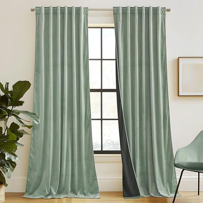 RYB HOME Mint Green Velvet Curtains 90 inches Long, Room Darkening, Floor-Length, Coastal Style Back Tab Velvet Drapes for Nursery Living Room Office, 52" W x L90 L, Auqa