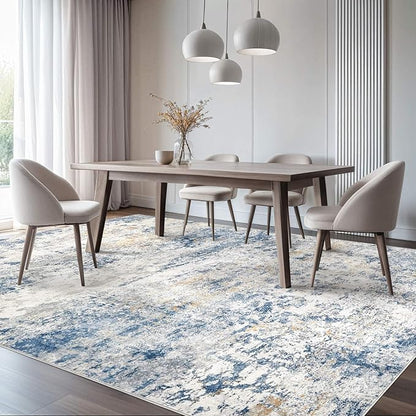 Area Rug Living Room Rugs - 6x9 Abstract Large Soft Indoor Washable Rug Neutral Modern Low Pile Carpet for Bedroom Dining Room Farmhouse Home Office - Blue