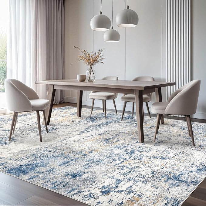 Area Rug Living Room Rugs - 9x12 Abstract Large Soft Indoor Washable Rug Neutral Modern Low Pile Carpet for Bedroom Dining Room Farmhouse Home Office - Blue