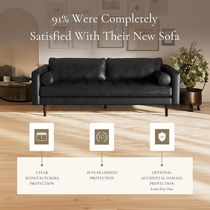 POLY & BARK Napa 88.5" Leather Sofa – Full-Grain Italian-Tanned Aniline Leather, Feather-Down Comfort, Solid Wood Frame, Walnut Legs, Onyx Black