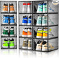 12 Pack Shoe Boxes Stackable,Upgraded Sturdy Shoe Storage Boxes with Clear Magnetic Door,Multifunctional Sneaker Storage, Shoe Box Organizer Fit up to US Size 12 Gray(13.8”x 9.84”x 7.1”)