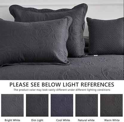 CHIXIN Bedspread Coverlet Quilt Set Full Size - Lightweight Bedding Cover - Ultrasonic Quilting - 5 Piece Reversible Bedspread - Vintage Rose Pattern (Full, Dark Grey)
