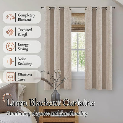 Linen Blackout Curtains for Bedroom Narrow Window, Thermal Insulated Complete Light Blocking Privacy Soundproof Small Curtains for Basement, Each 38 Inch Wide 63 Inch Length 2 Panels, Beige