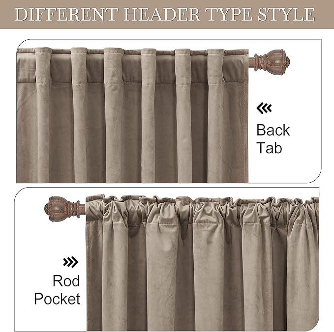 RYB Home Bedroom Curtains Heavy Velvet, Room Darkening Privacy Window Curtains Soft Durable Velvet Backdrops for Sliding Door Guest Room, Taupe, W52 x L120 inches, 2 Panels Set