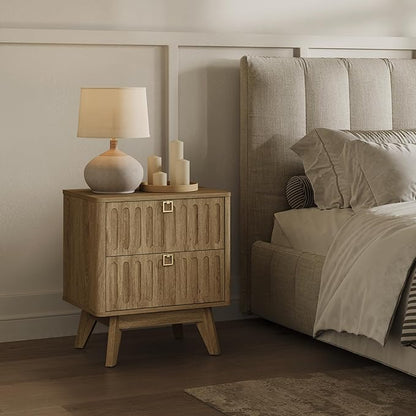 SICOTAS Nightstand Set of 2, Modern Bedside Tables with 2 Drawers, Stable Bedroom Nightstands with Textured Drawer Front and Gold Hardware for Bedroom, Apartment