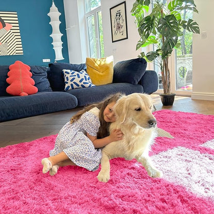 OLANLY 3x5 Machine Washable Small Bedside Rug, Soft Fluffy Shaggy Rugs for Living Room, Bedroom, Indoor Floor Carpet for Kids Girls and Boys, Preppy Dorms, Nursery, Home Decor Aesthetic, Hot Pink