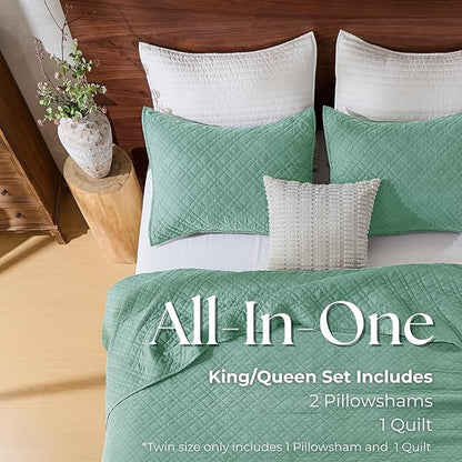 Queen Quilt Set with Shams Lightweight Quilted Bedspread Coverlet Thin Comforter Bed Cover Vintage Washed Quilted Blanket for All Season, Brushed Microfiber Diamond Stitching, Green, 88"x92"
