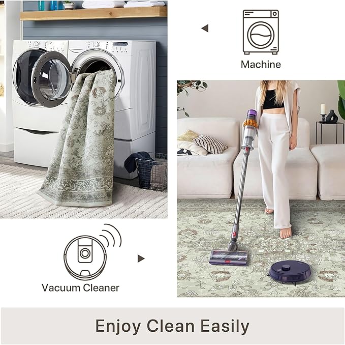 vivorug 8x10 Area Rugs for Living Room, Non-Slip Backing Washable Rug 8x10, Sage Green Large Area Rug Soft Carpet for Bedroom Dining Room, Vintage, Easy Clean, Durable, Low Pile Rug Under Table
