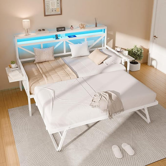 Daybed with Trundle, Heavy Duty Metal Twin Bed Frame with LED Lights & 2-Tier Storage Shelves, Sofa Day Bed with Charging Station & Tabletop for Living Room, Bedroom, Guest Room (White)