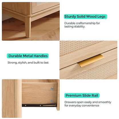 LINSY HOME Rattan Dresser for Bedroom with 8 Drawers, 54" Wide Chest of Drawers, Mid Century Modern Dresser TV Stand with Metal Handle, Wood Closet Storage Cabinet for Living Room, Hallway, Oak