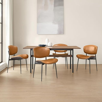 Art Leon Faux Leather Dining Chairs, Set of 2, Mid Century Modern Desk Chair No Wheels, Armless Accent Chair with Black Metal Legs, Brown/Gray Oak