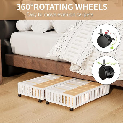 Bamboo Under Bed Storage with Wheels,Rolling Underbed Shoe Organizer Box for Shoes,Blankets,Toys,Clothes Container Space-Saving Bins for Bedroom,Closet,Dorm,Nursery