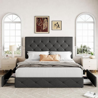 Allewie Upholstered Queen Size Platform Bed Frame with 4 Storage Drawers and Headboard, Diamond Stitched Button Tufted, Mattress Foundation with Wooden Slats Support, No Box Spring Needed, Dark Grey