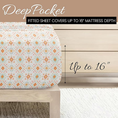 Linen Market Patterned Microfiber Queen Sheet Set 4 Piece – Oeko-TEX Certified Ultra Soft & Wrinkle-Free - 16" Deep Pocket Sheets - Easy Care Queen Size - Aztec Dreams Coral