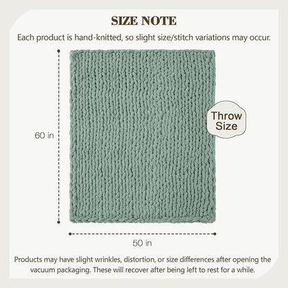 Carriediosa Chunky Knit Throw Blanket 50" X 60", 100% Hand Made Large Chenille Loop Yarn Soft Fluffy Throws for Couch Sofa Bed, Big Crochet Cozy Heavy Thick Cable Woven Blanket, Sage Green
