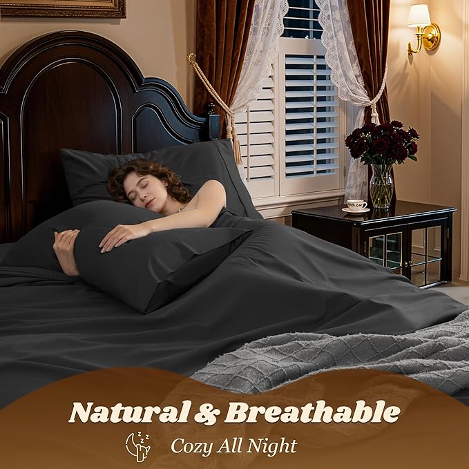 LBRO2M 1000 Thread Count 100% Cotton Sheets Set,California King Size Bed Sheet 4 Piece Sets,Long Staple,16 Inches Deep Pocket,All Season,Bedding Super Soft Comforterble Breathable,Sateen(Black)
