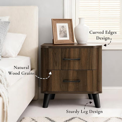 LuxenHome Mid Century Modern Nightstands Set of 2, 20" Walnut Night Stand with Curved Edge, Dark Brown Nightstand with Drawers, Boho Bed Side Tables Bedroom, Storage End Tables Living Room, 2PCs