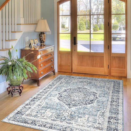 Area Rug 4×6, Vintage Boho Rug,Ultra-Soft Low Pile, Washable, Non Slip,Stain Resistant Printed Carpet for Living Room Bedrooms Playroom Office Kitchen, Light Blue