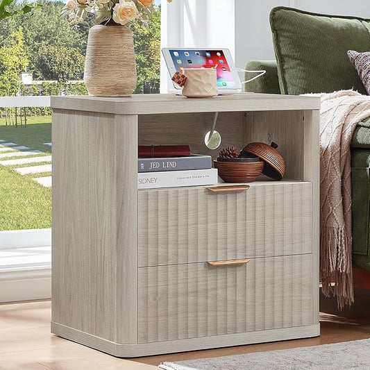 LEYAOYAO Fluted Nightstand with Charging Station, 23" Wide 2 Drawers Night Stand,LightGrey End Table with Open Storage,Farmhouse Bed Side Tables, Wood Dresser for Bedroom, Living Room, Closet