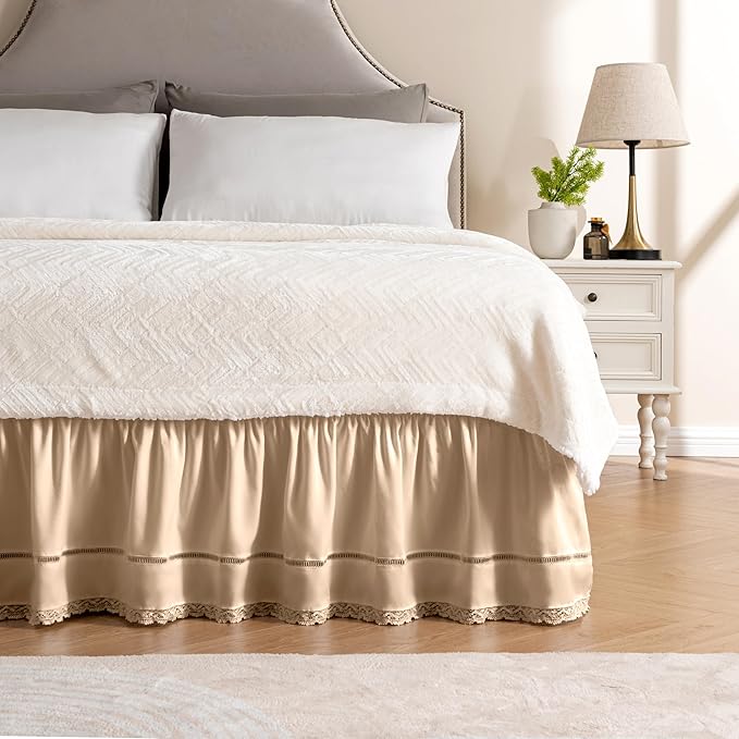 MIYE Wrap Around Ruffled Lace Bed Skirt, Elastic Dust Ruffle with Adjustable Belts, Easy to Put On, Bed Frame Cover, Machine Washable (Floral Lace/Beige, King/Queen-12.5" Drop)