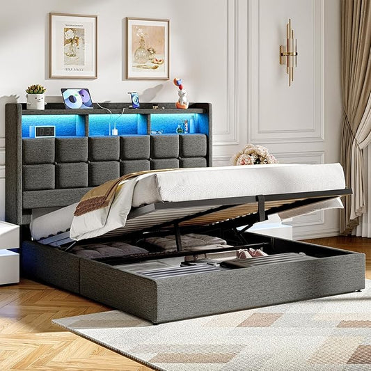 Lift Up Queen Bed Frame with Storage, Upholstered Bed Frame Queen Size with LED Lights Headboard and Charging Station, No Box Spring Needed, Easy Assembly - Dark Grey
